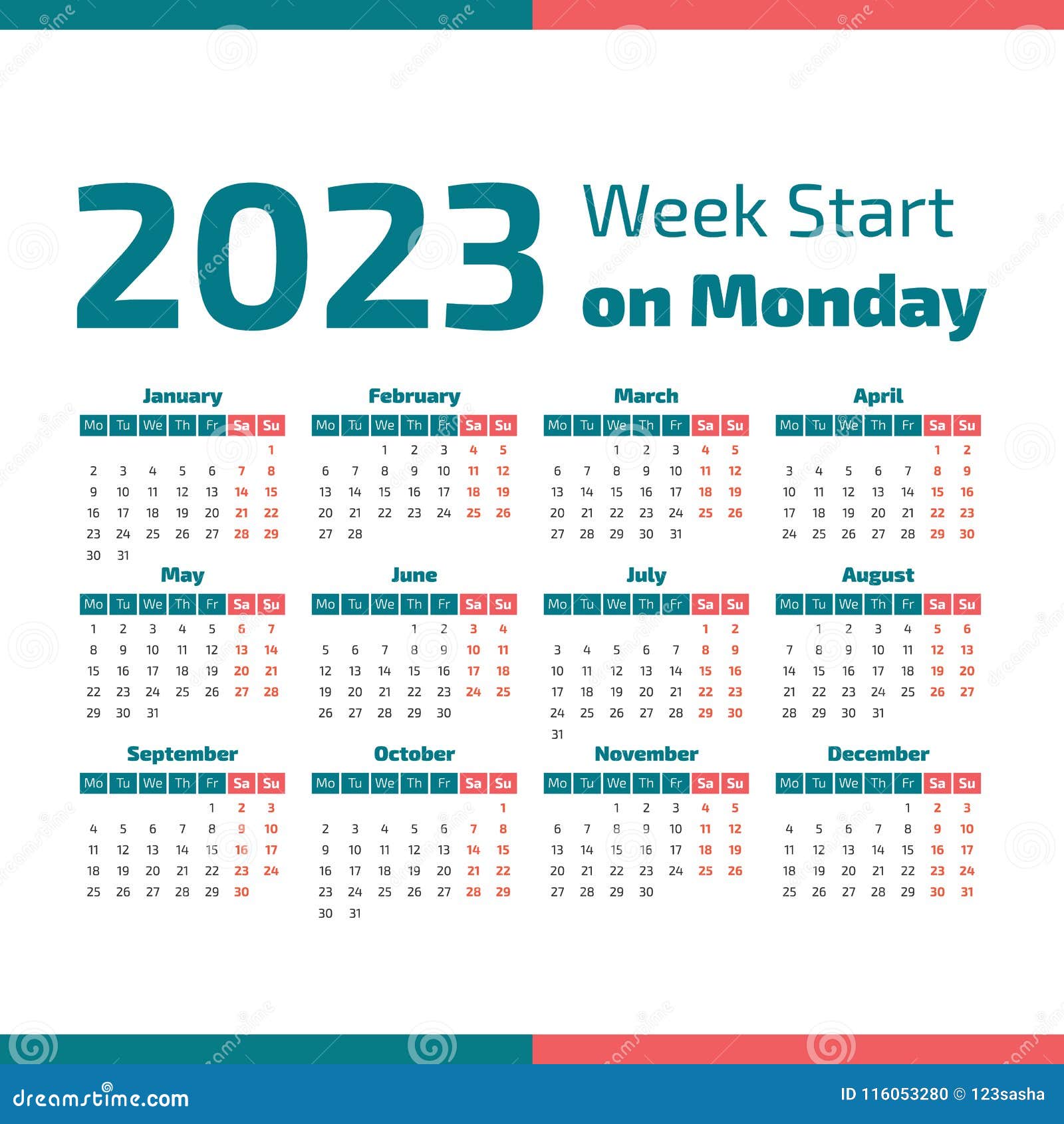 Simple 2023 Year Calendar Stock Vector. Illustration Of English - 116053280