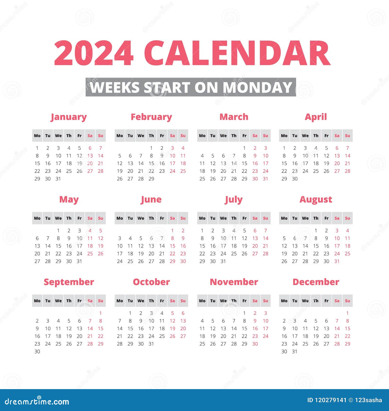 Simple 2024 Year Calendar Vector Illustration