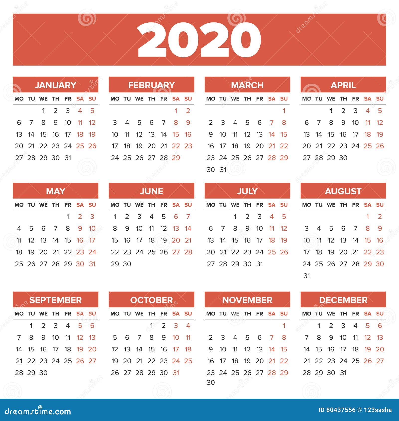 Simple 2020 year calendar stock vector. Illustration of simple - 804375561300 x 1390