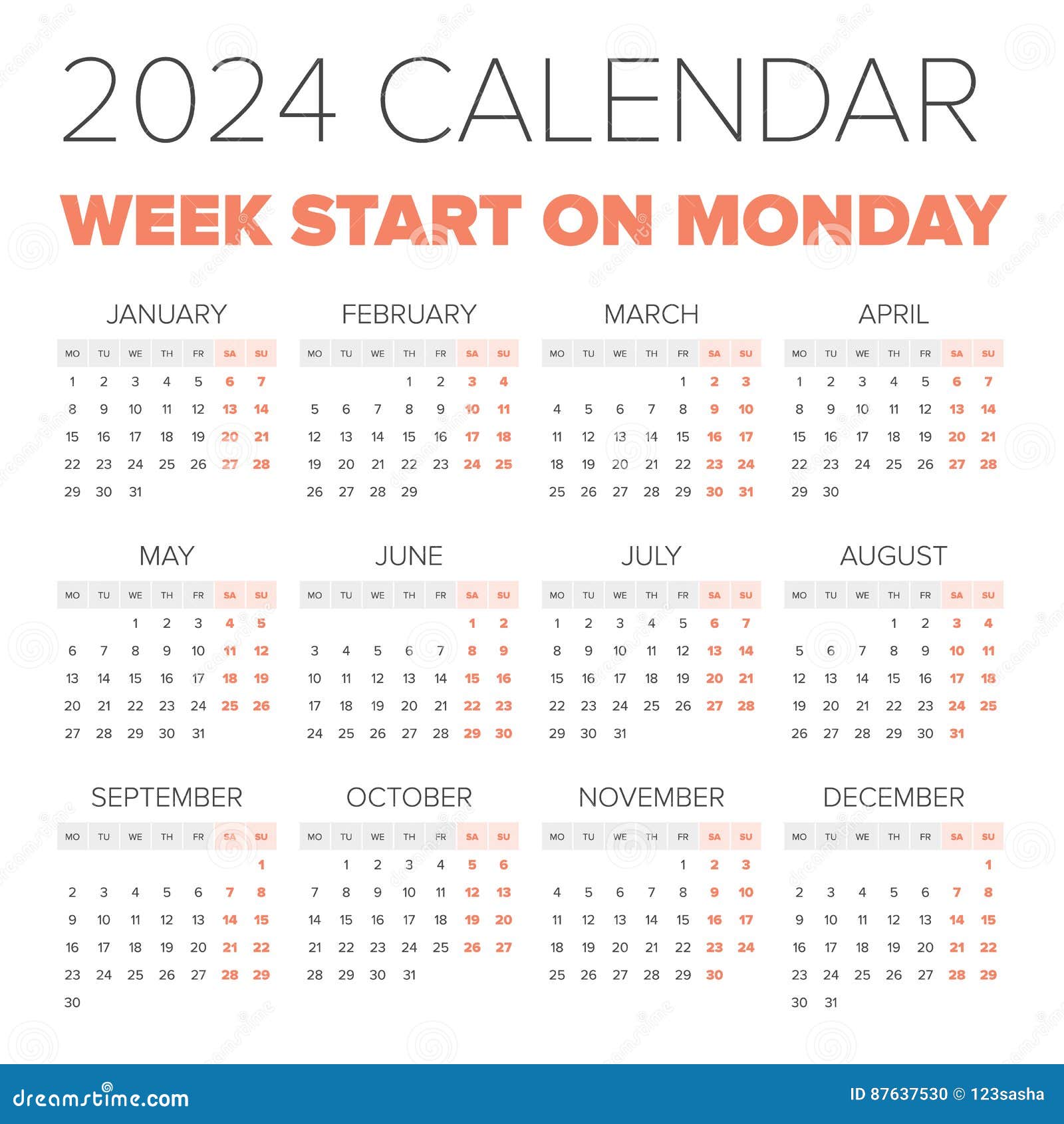 Simple 2024 year calendar stock vector. Illustration of monthly 87637530