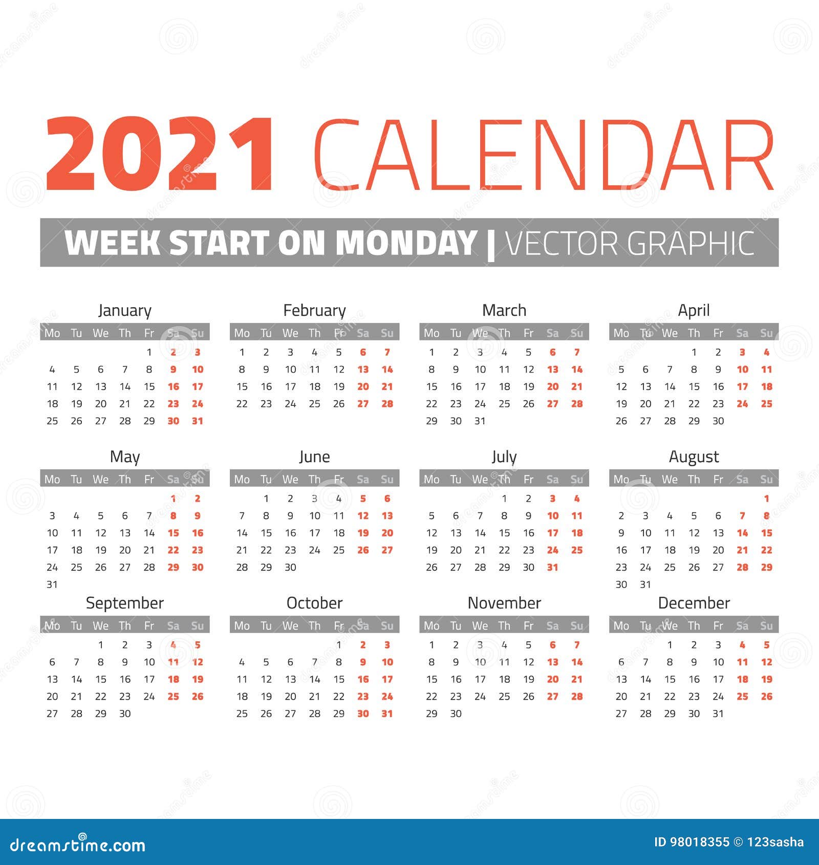 Simple 2021 Year Calendar Stock Vector Illustration Of English 98018355