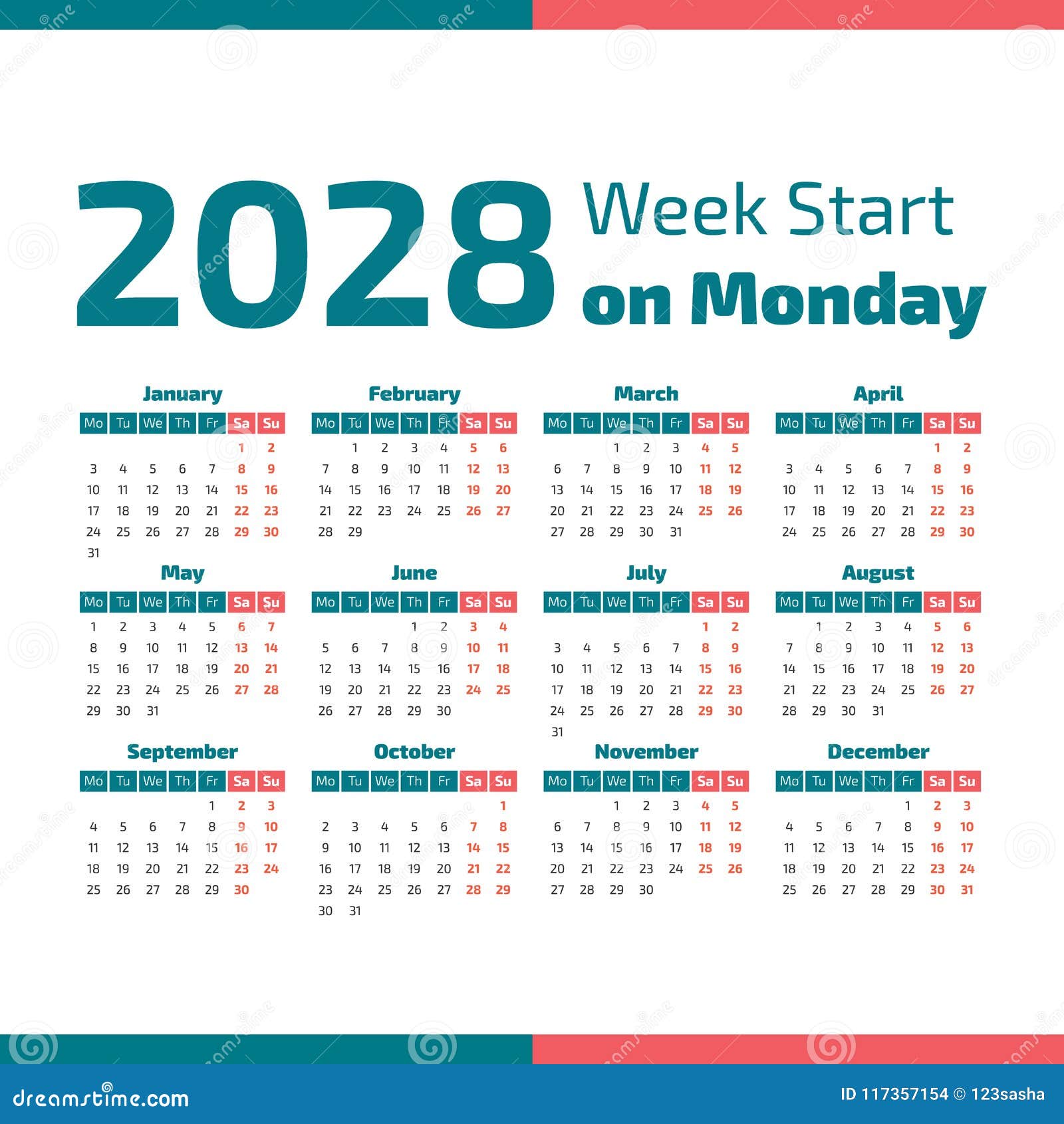 Simple 2028 Year Calendar Stock Vector Illustration Of Template