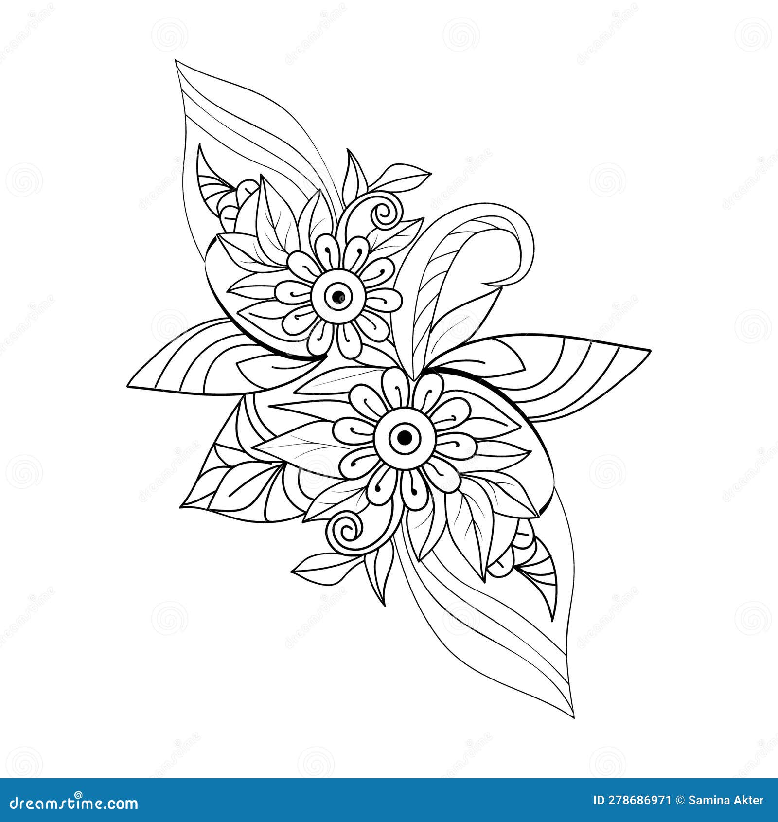 Aquarela para colorir papel para adultos, esboço de flor linha