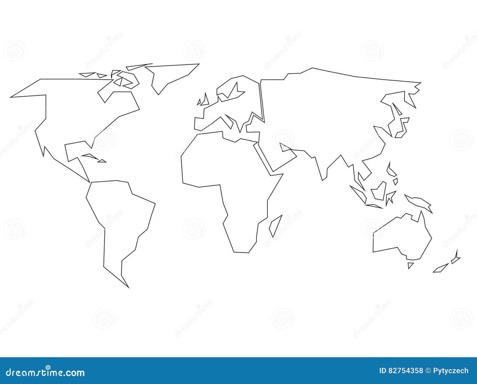 Simplified Black Outline of World Map Divided To Six Continents. Simple ...