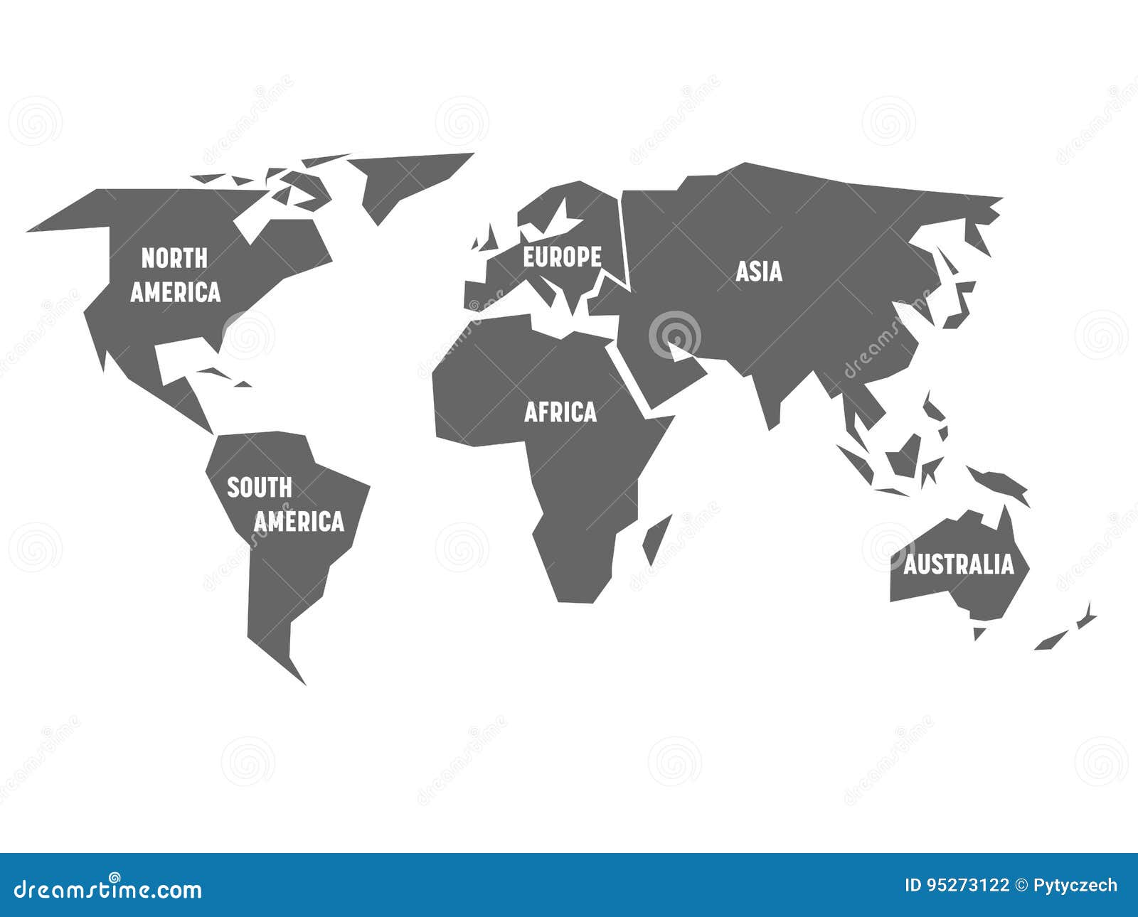 Simplified Grey Silhouette Of World Map Divided To Six Continents