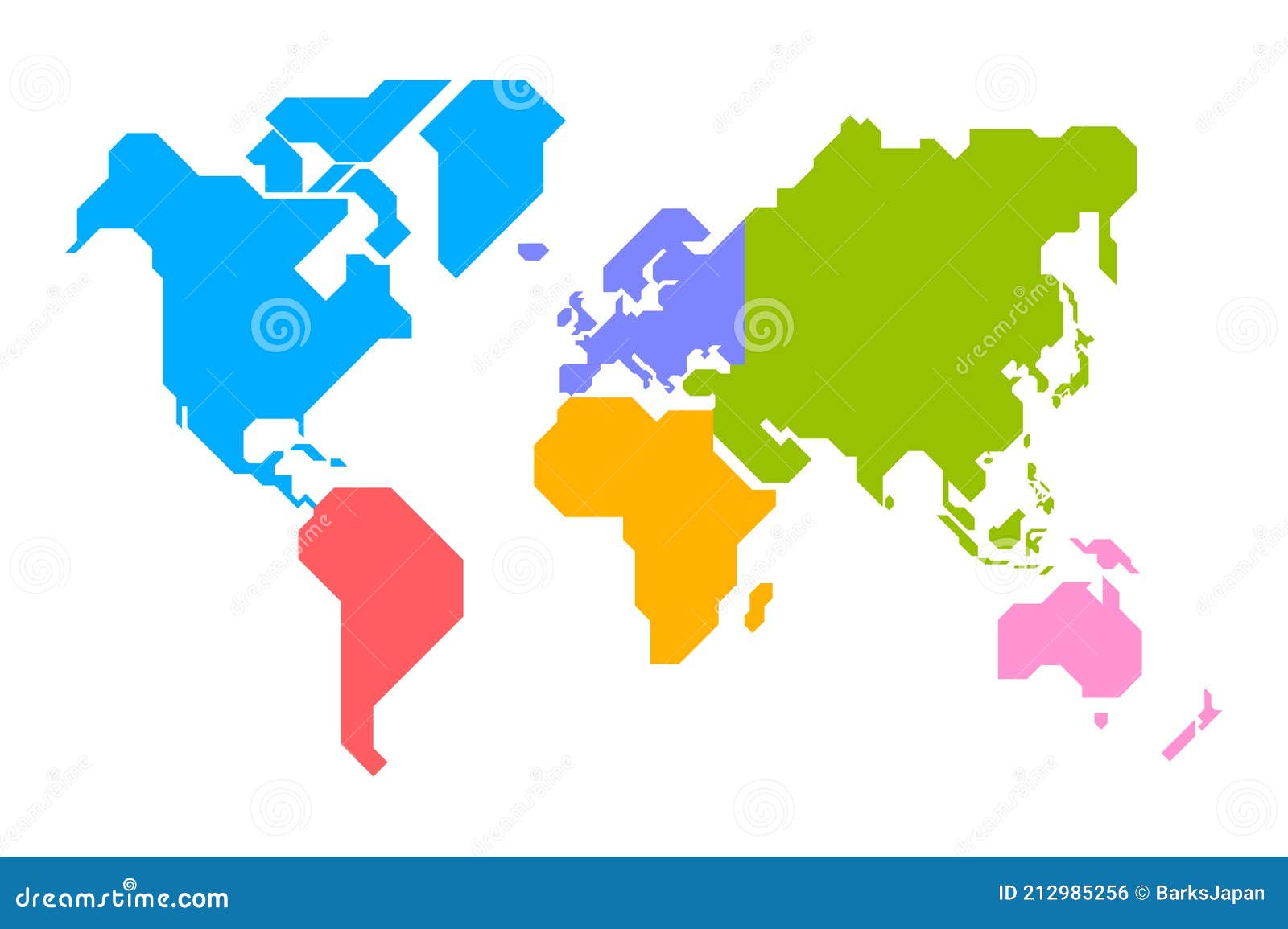 Simplified World Map Divided To Six Continents In Different Colors