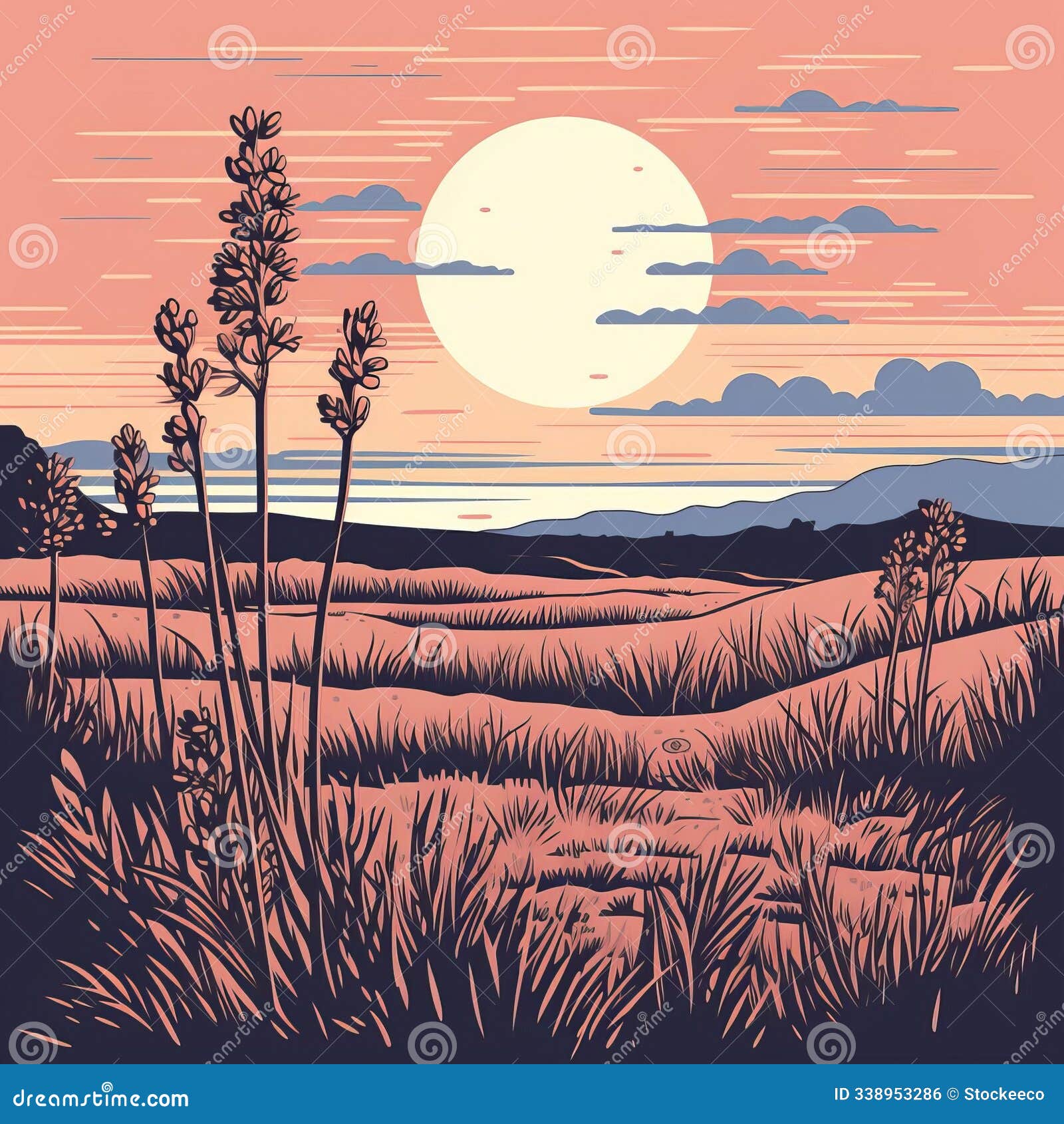 simplistic yet bold linocut artwork of a heath landscape