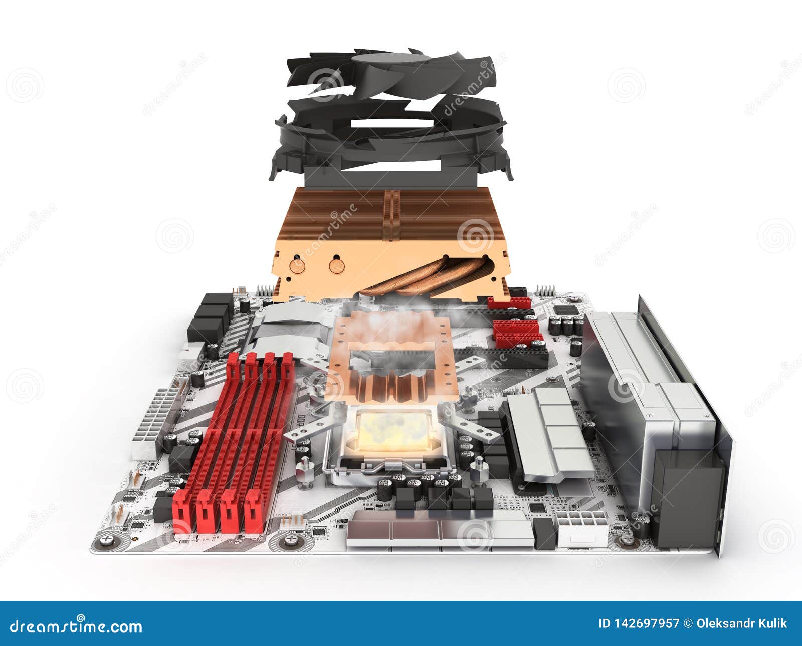 Simulation of CPU Overheating Motherboard Complete with Processor and Cooling System Solated on