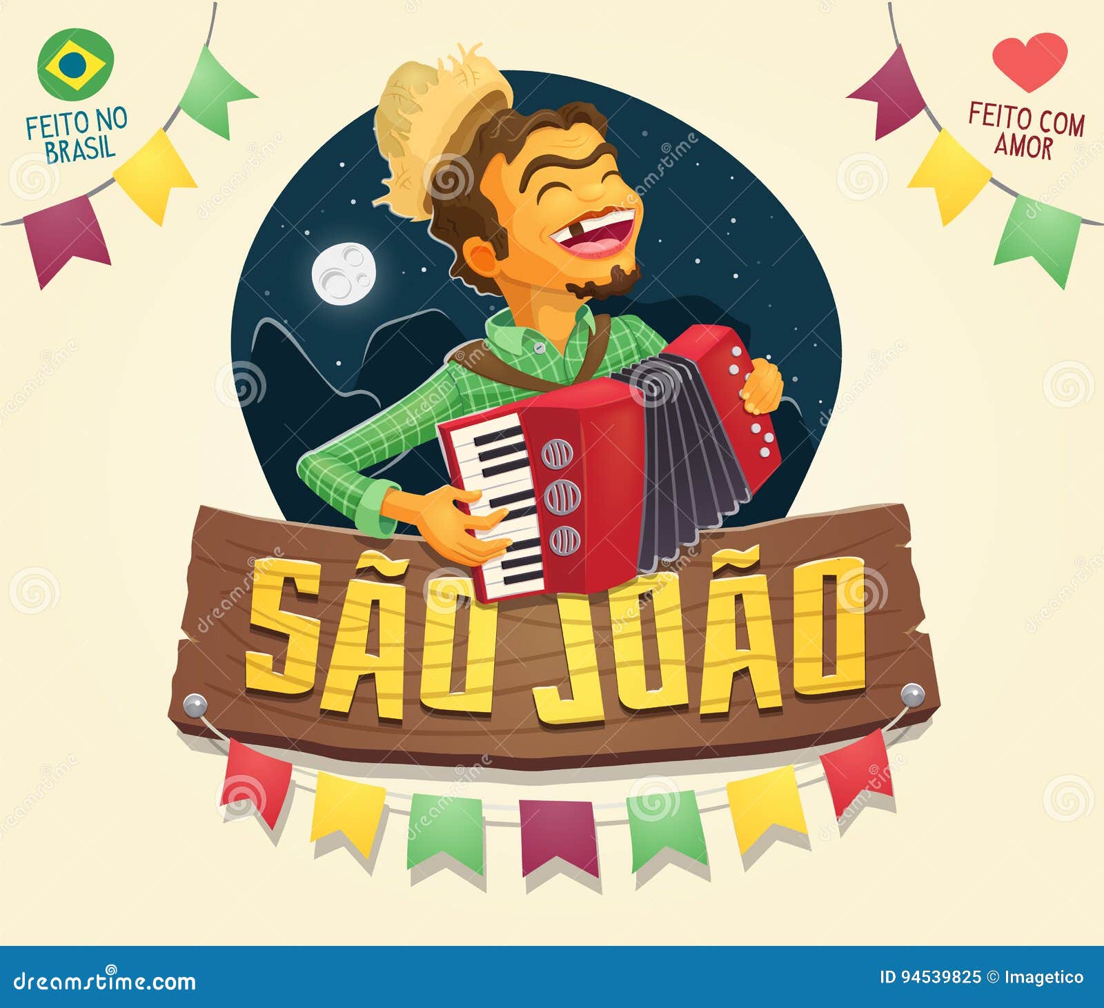 Sinal de Joao Saint John do Sao com o hillbilly feliz que joga o acco. Camadas múltiplas - desenhos animados de alta qualidade criativos do vetor para temas do partido de junho - feitas em Brasil - feito com amor