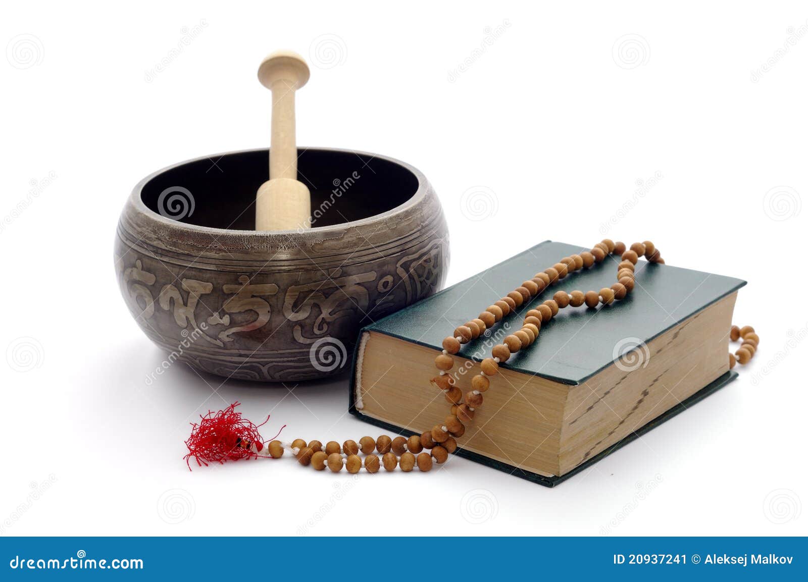 Singing Bowl, Book and Wooden Rosary. Stock Image Image of