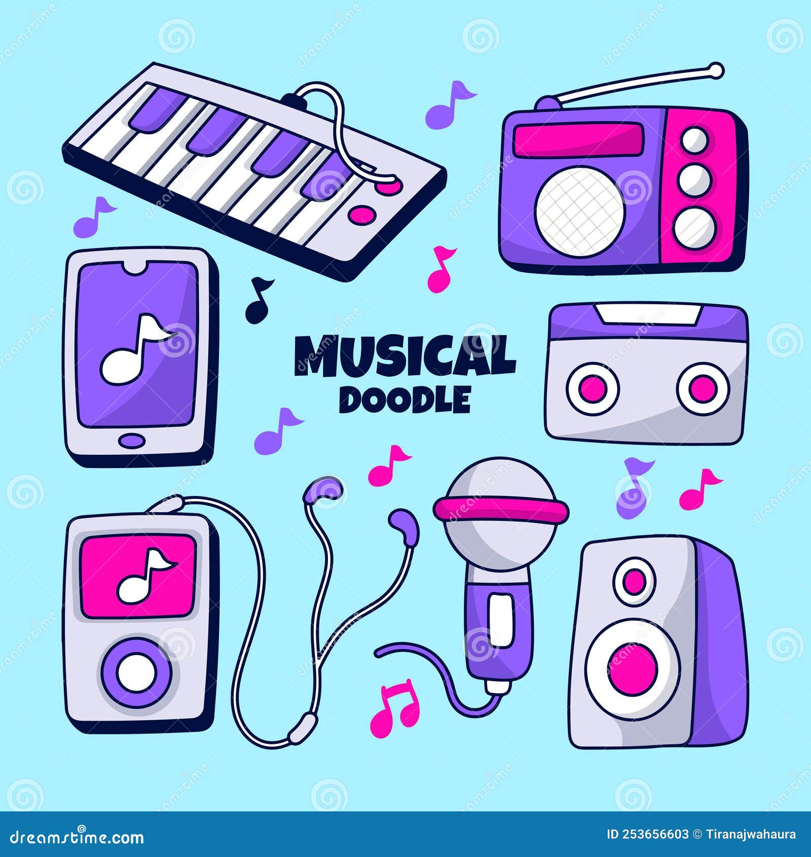 Musical Doodle Element Set with Hand Drawn Outline Style Stock Vector