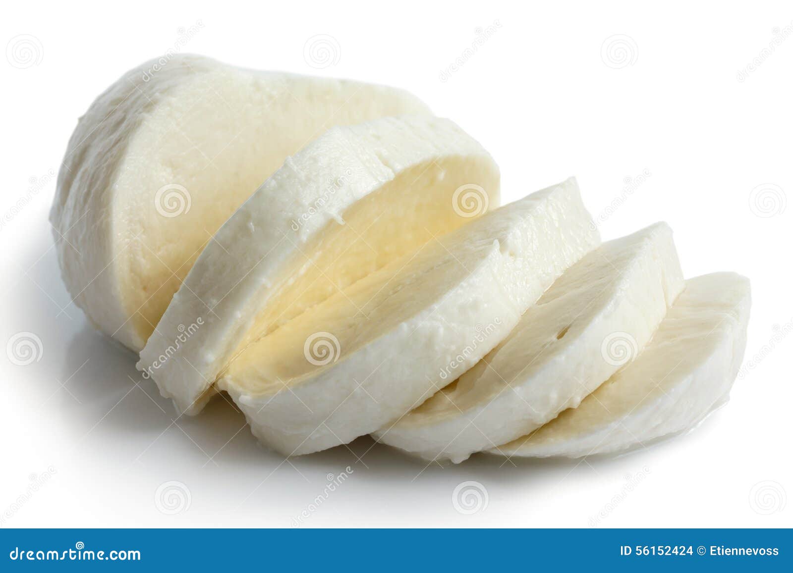 Single Ball of Mozzarella Cheese Sliced and Isolated on White. Stock