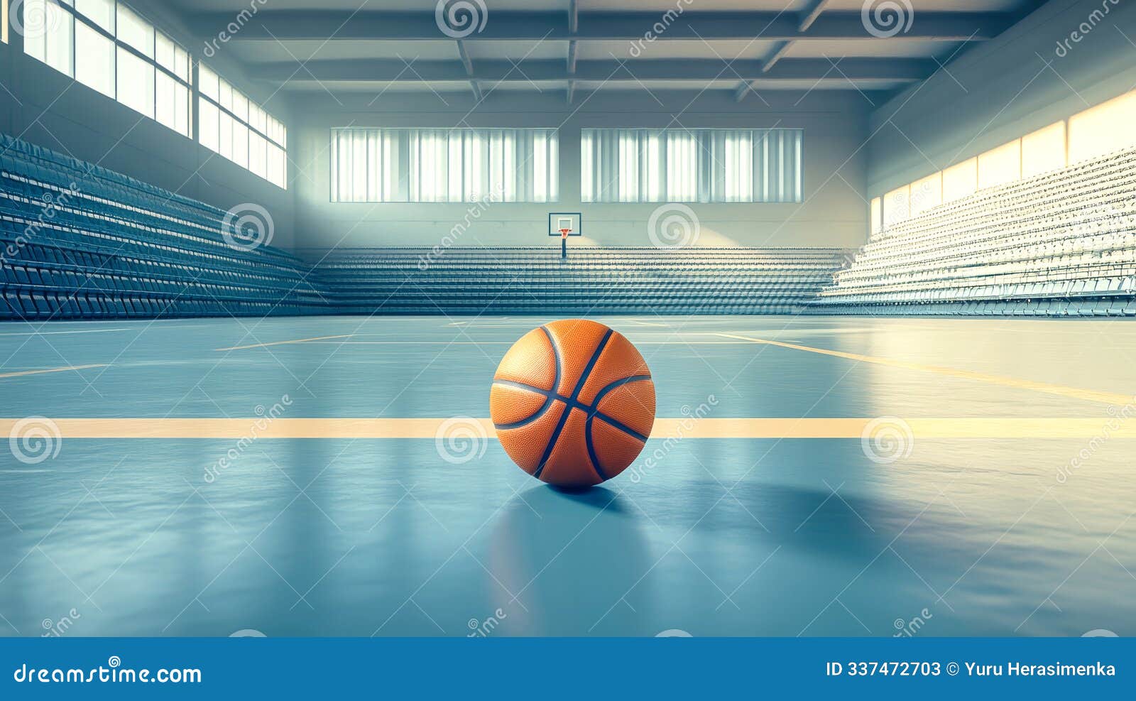 a single basketball sits on the court of an empty arena, surrounded by rows of unoccupied seats, evoking a sense of anticipation