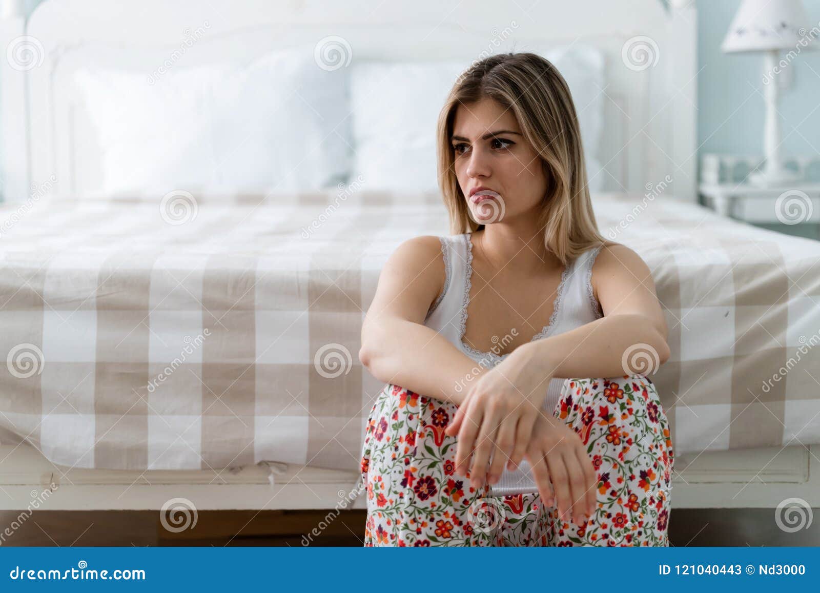 Single Beautiful Woman Sad and Lonely in Bedroom Stock Image ...