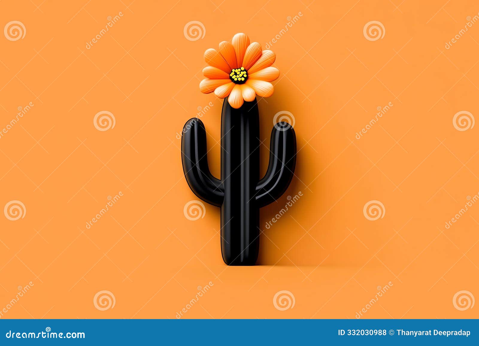 a single black cactus with a single orange flower on top against a bright orange background