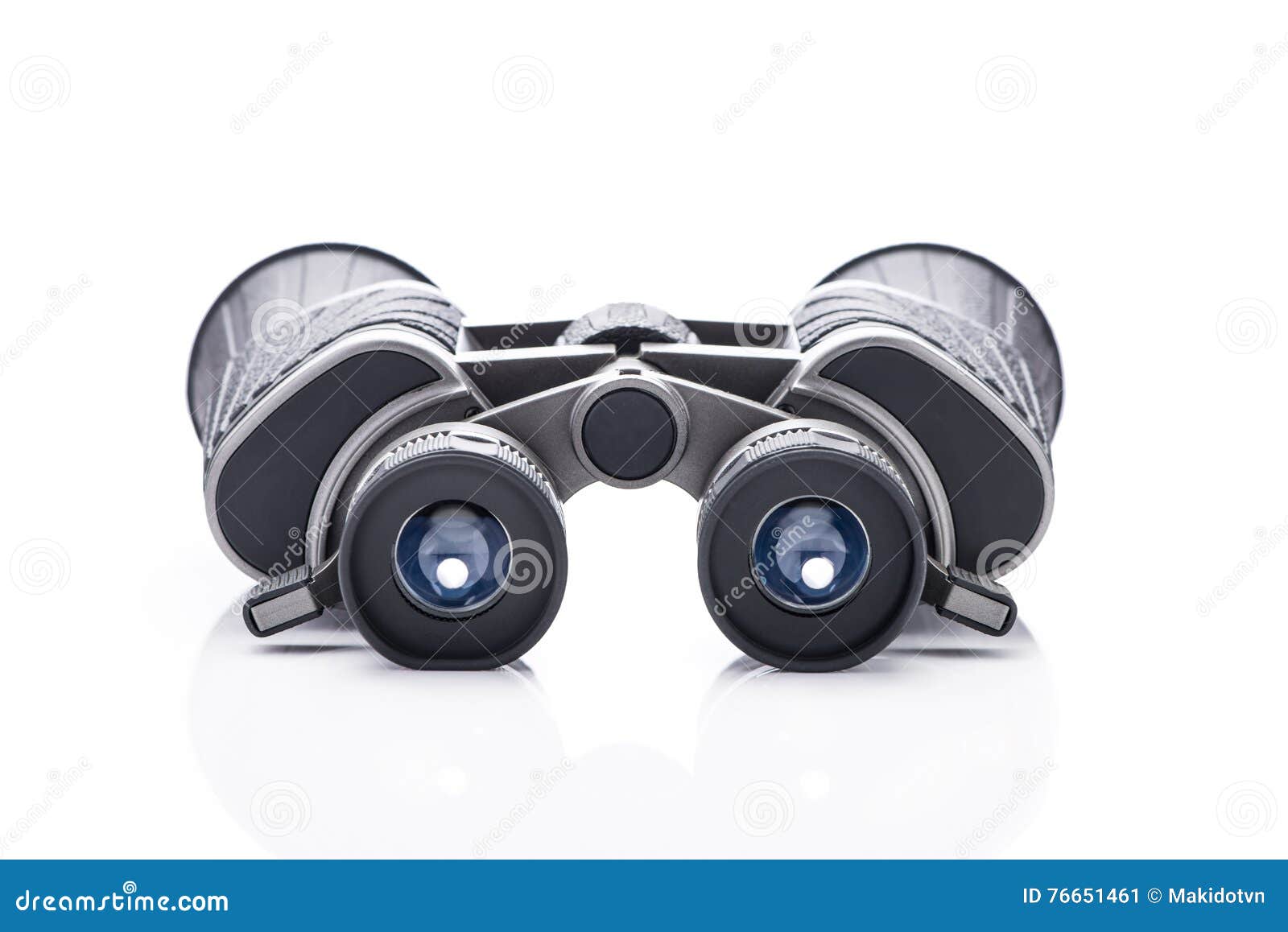 Single Black Pair of Binoculars Isolated on a White Background Stock