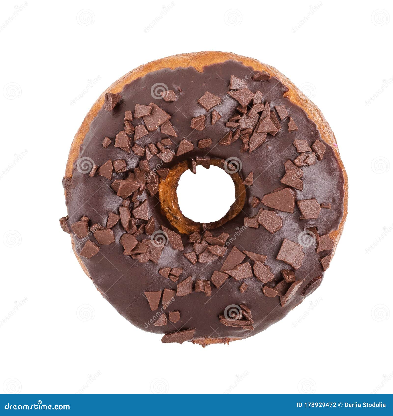 A Single Chocolate Glazed Donut with Chocolate Chips Isolated White