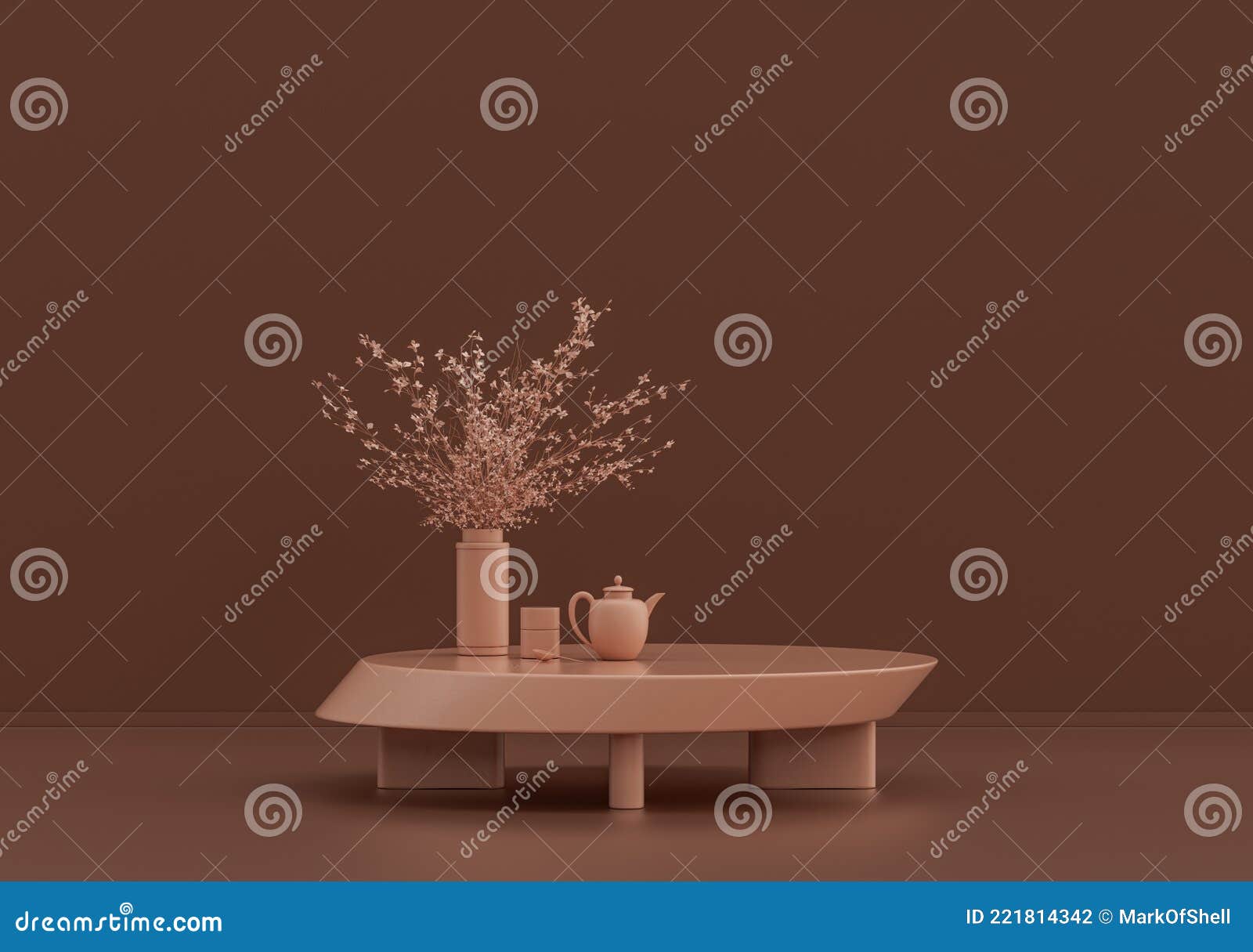Single Coffee Table with Teapot and Tea Cup, Ornamental Plants and