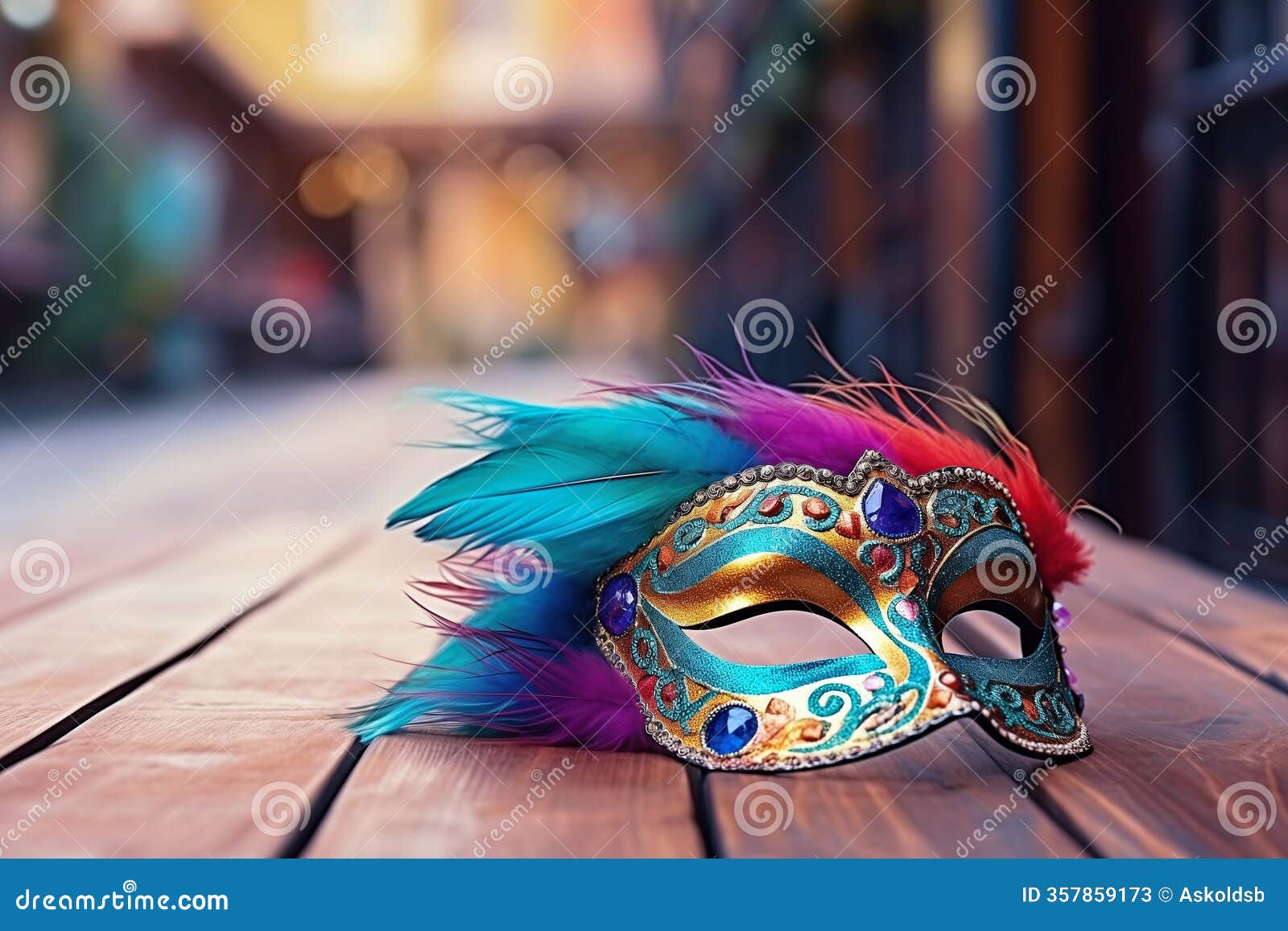 single colorful feathered mask resting on a wooden table, vibrant colors, soft bokeh