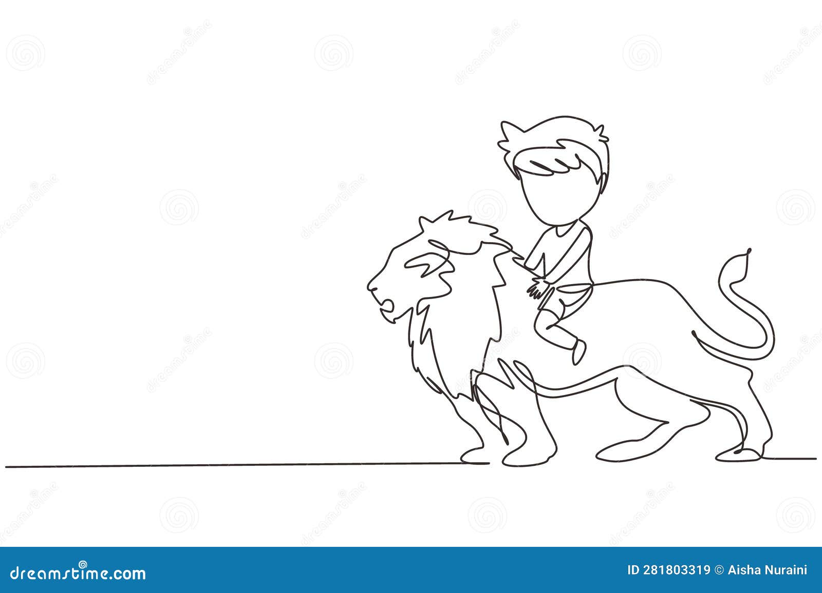 single continuous line drawing happy little boy riding lion. child sitting on back big lion at circus event. kid learning to ride