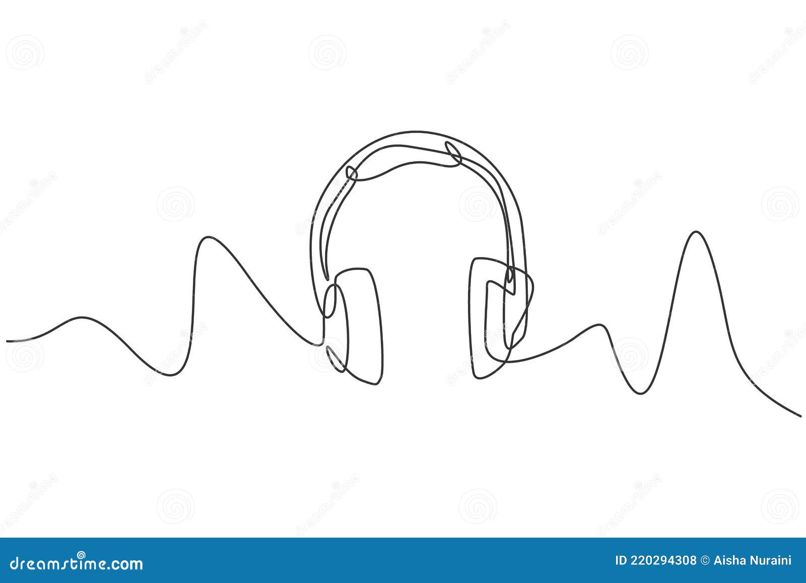 Single Continuous Line Drawing of Headphone with Zigzag Wire. Electronic Recording Tools Head