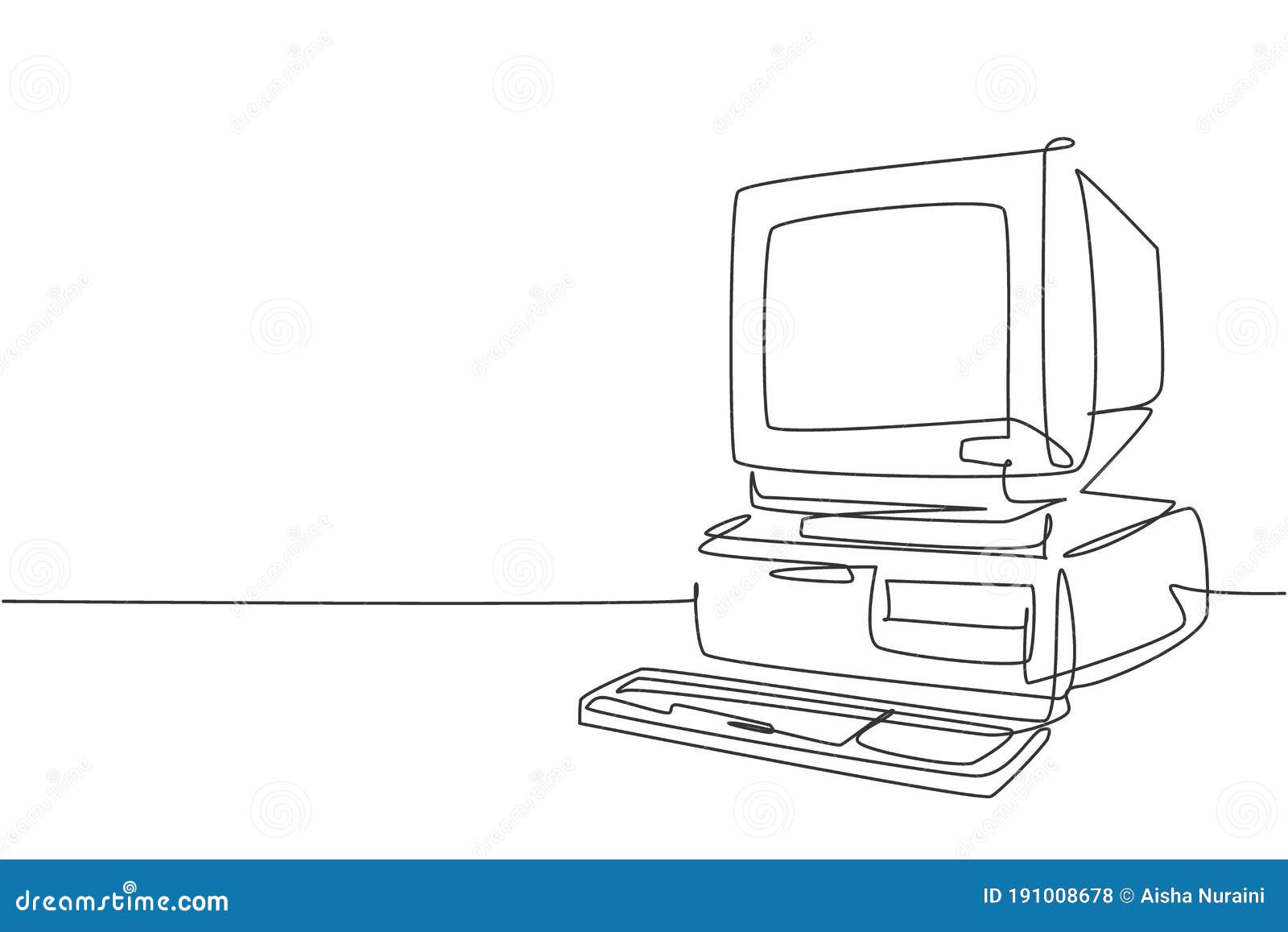 single continuous line drawing retro old classic personal computer processor unit vintage cpu analog monitor keyboard 191008678
