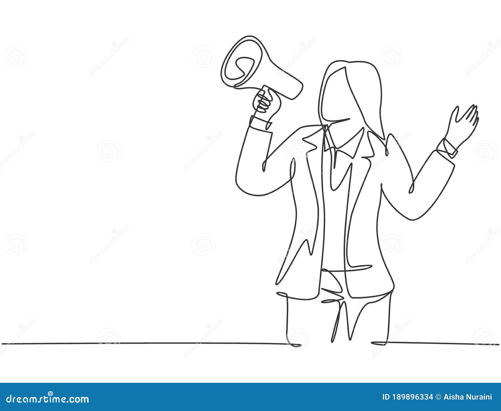 single continuous line drawing of young angry businesswoman shouting loudly using megaphone to train her speak. public speaking