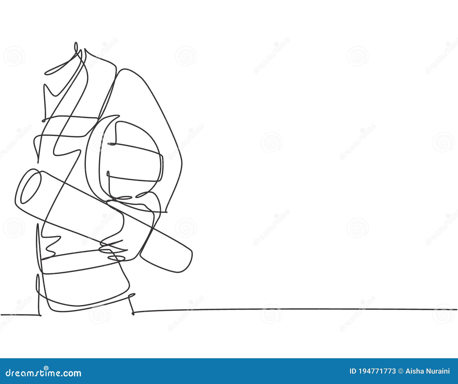 single continuous line drawing of young architect holding helmet and blueprint roll paper. building architecture business concept