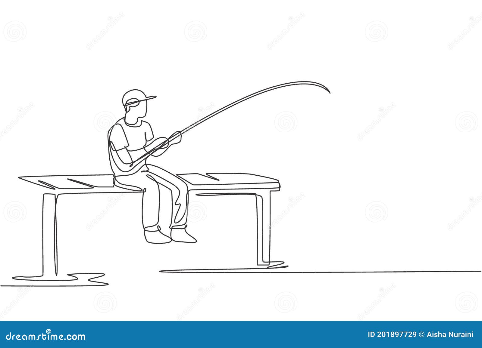 Single Continuous Line Drawing of Young Happy Fisher Man Fishing Big Trout  Fish in Dock Pier while Sitting Relax. Fishing Hobby Stock Illustration -  Illustration of fishing, nature: 201897729