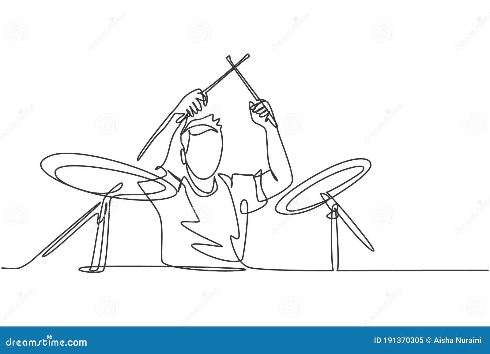 single continuous line drawing of young happy male drummer performing to play drum on music concert stage. musician artist