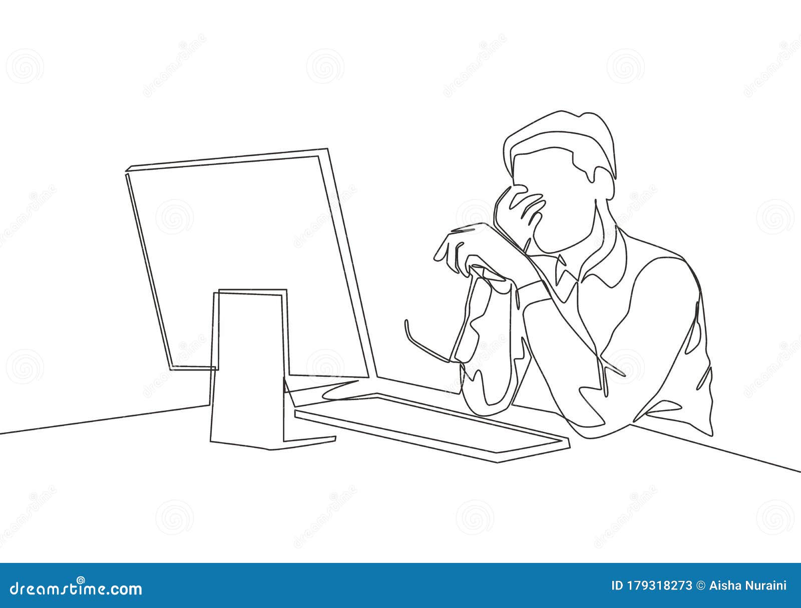 Single Continuous Line Drawing Of Young Tired Male Employee Holding The