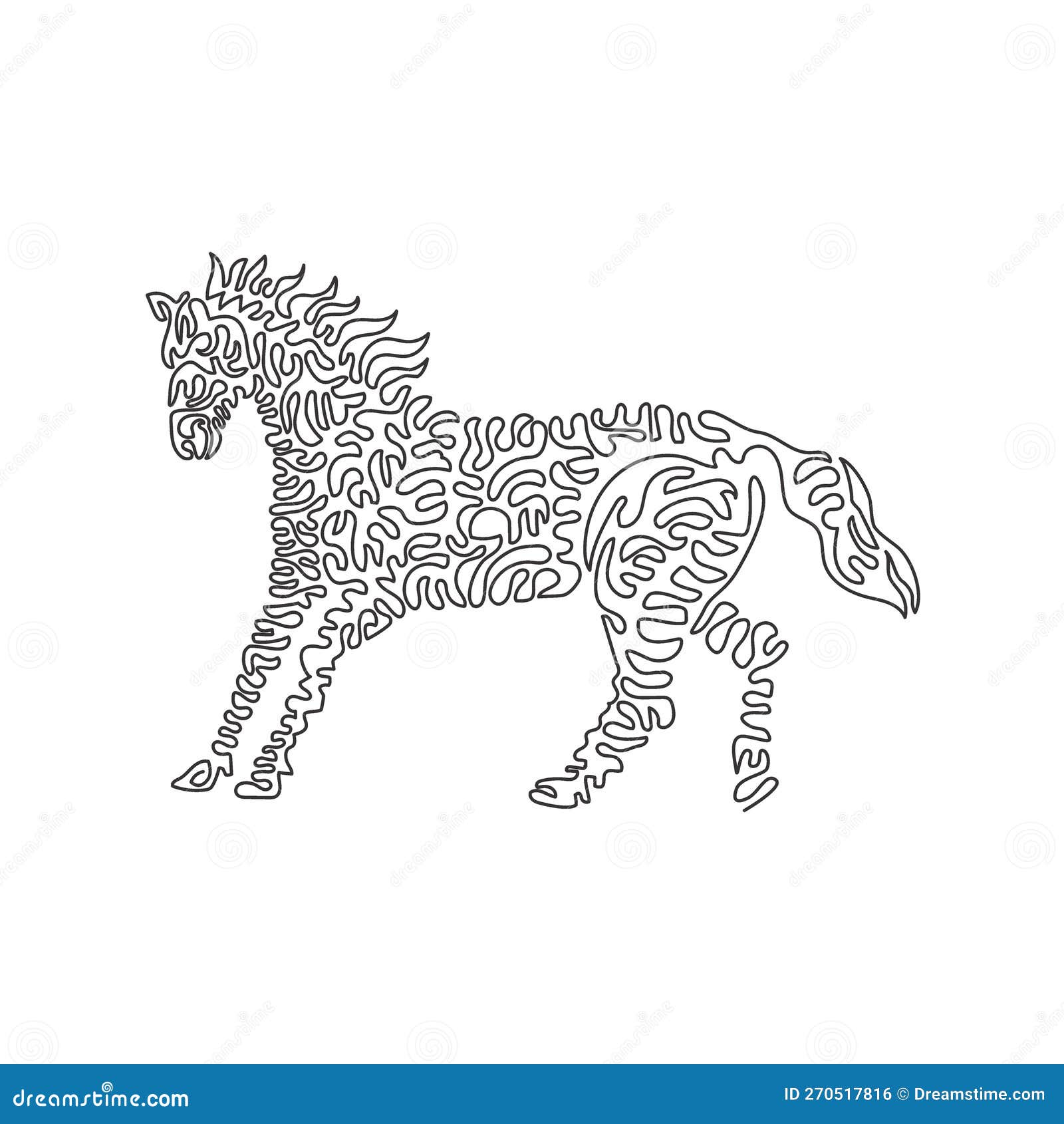 single curly one line drawing  of elegant horse abstract art