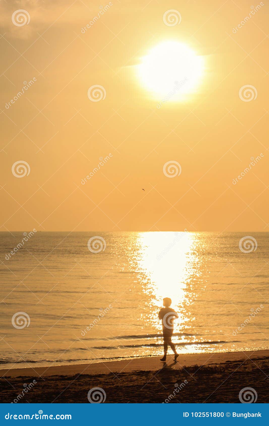 Single guy jogging with bare feet on beach in sunshine day
