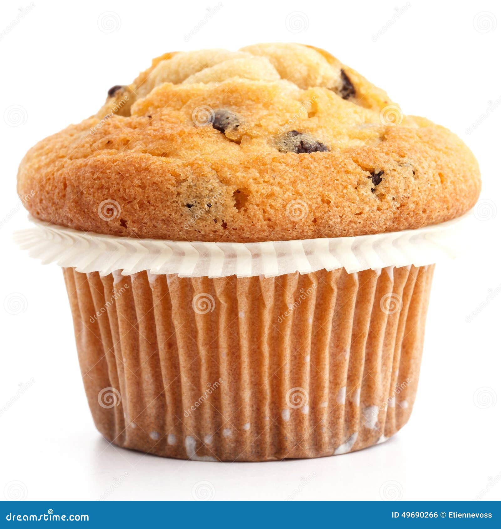 Single Light Chocolate Chip Muffin in Wax Liner on White Stock Photo