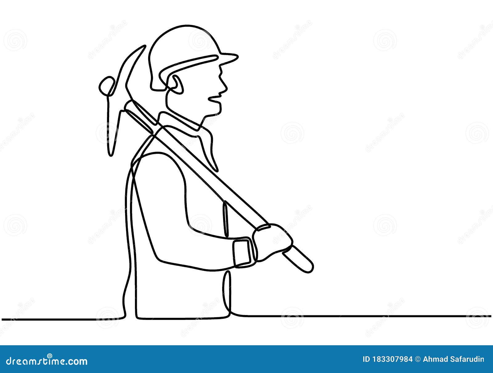 Single Line Drawing Of Young Construction Worker Carrying Building Tools Handyman Wearing Helmet To Safety Work Building Stock Vector Illustration Of Manual Drawing 183307984