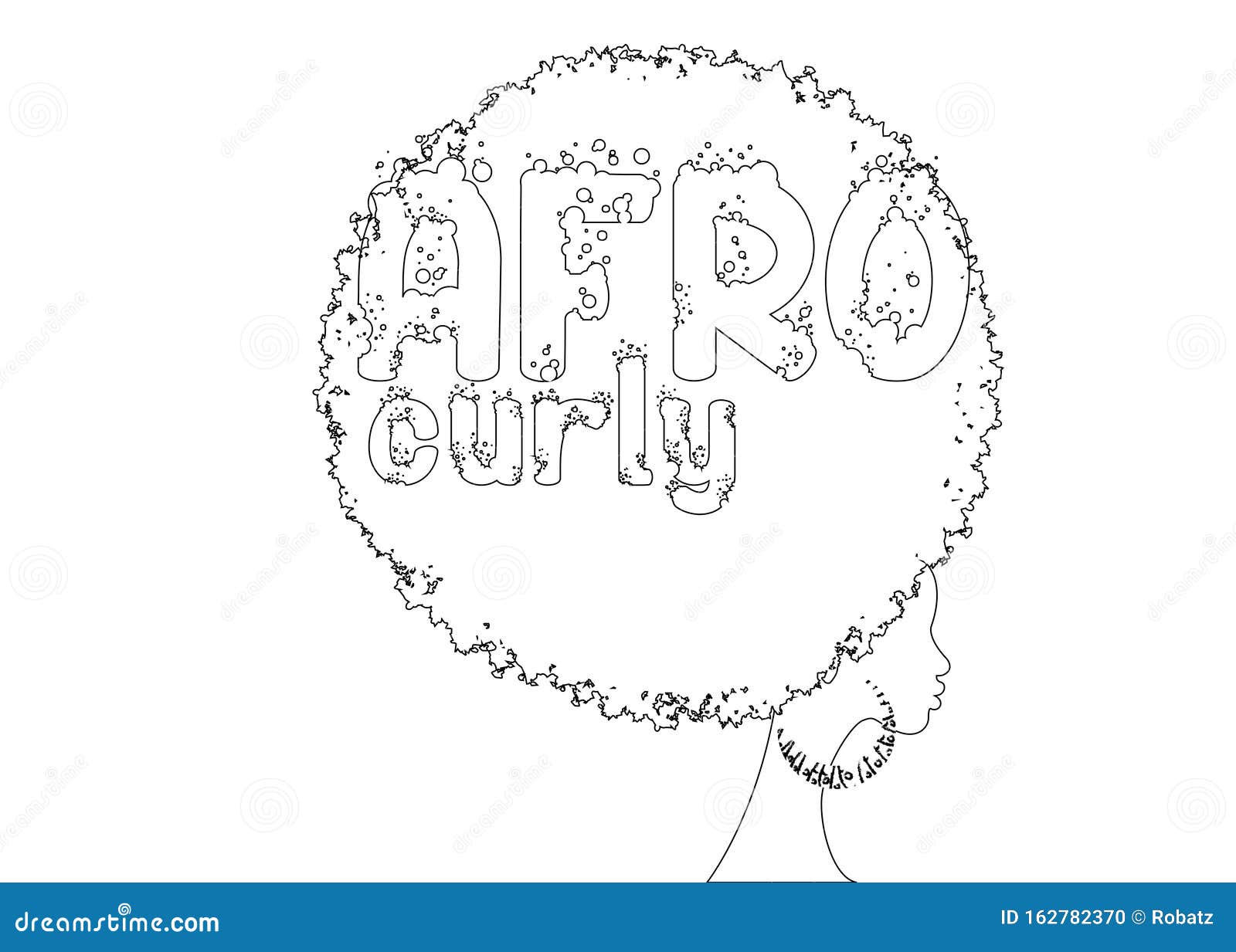 Single line sketch of curly afro hair, portrait African Woman , dark skin female face with curly hair afro, ethnic traditional earrings, hair style concept, Afro grunge text, isolated or white background