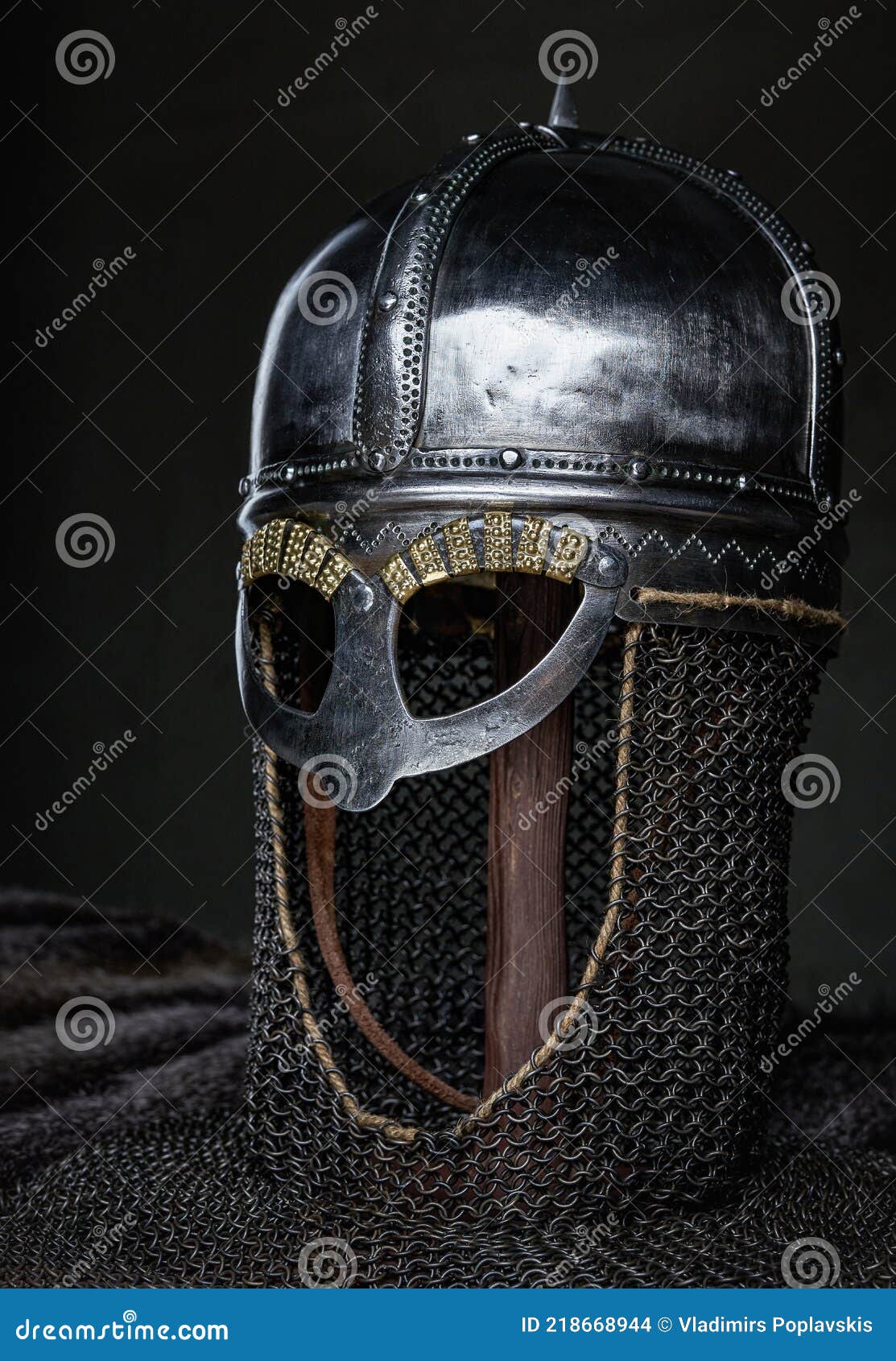 Single Medieval Helmet on Stick Around Fur Stock Photo - Image of ...