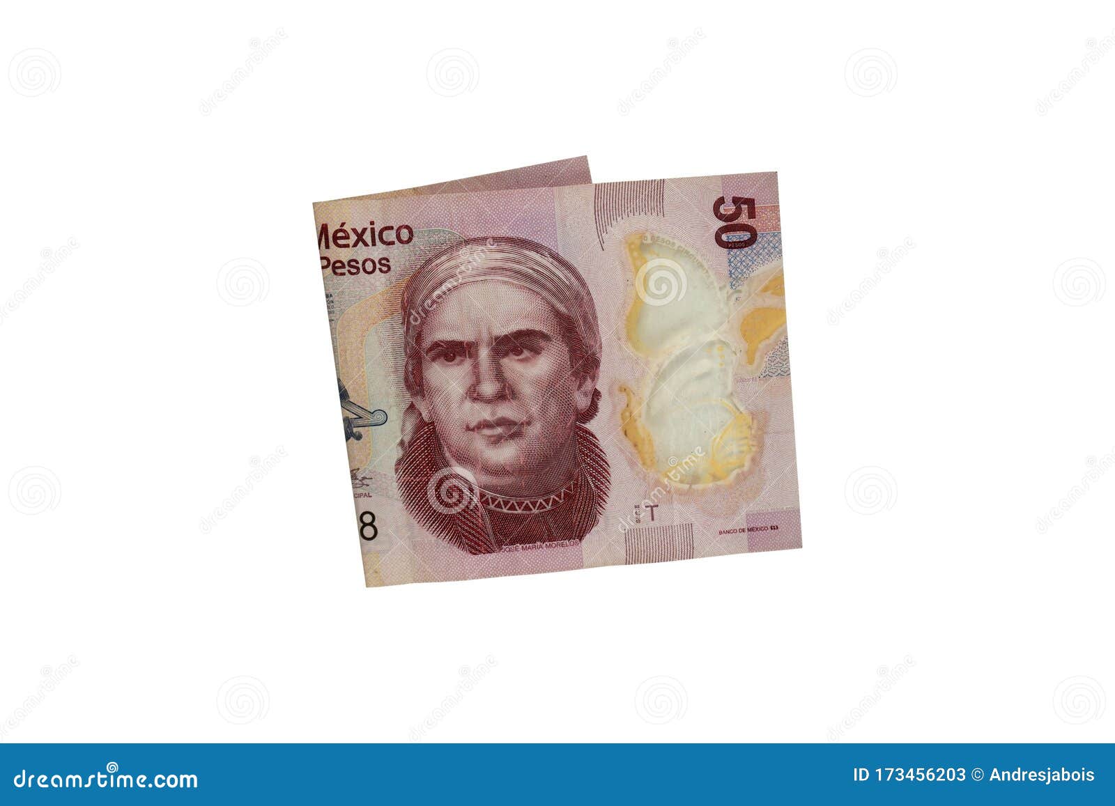 A Single Middle Folded 50 Mexican Peso Bill Isolated on White