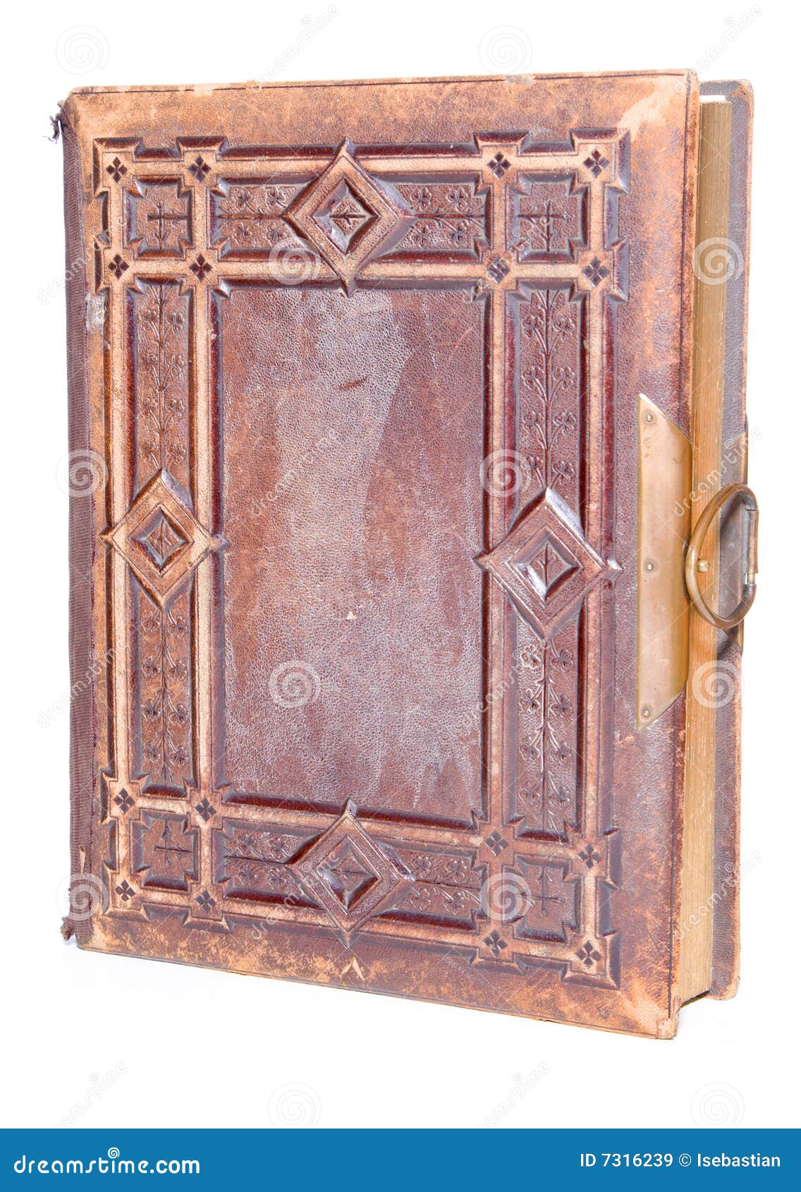 Single old leather bound book isolated on a white background