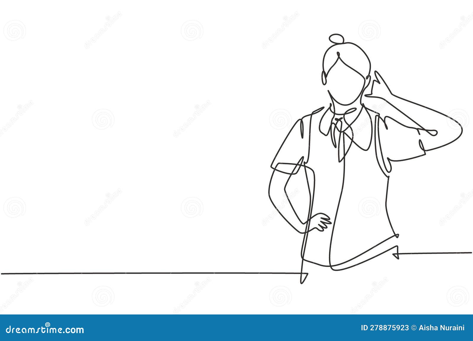 single one line drawing flight attendant with call me gesture ready to serve airplane passengers in a friendly and warm manner.