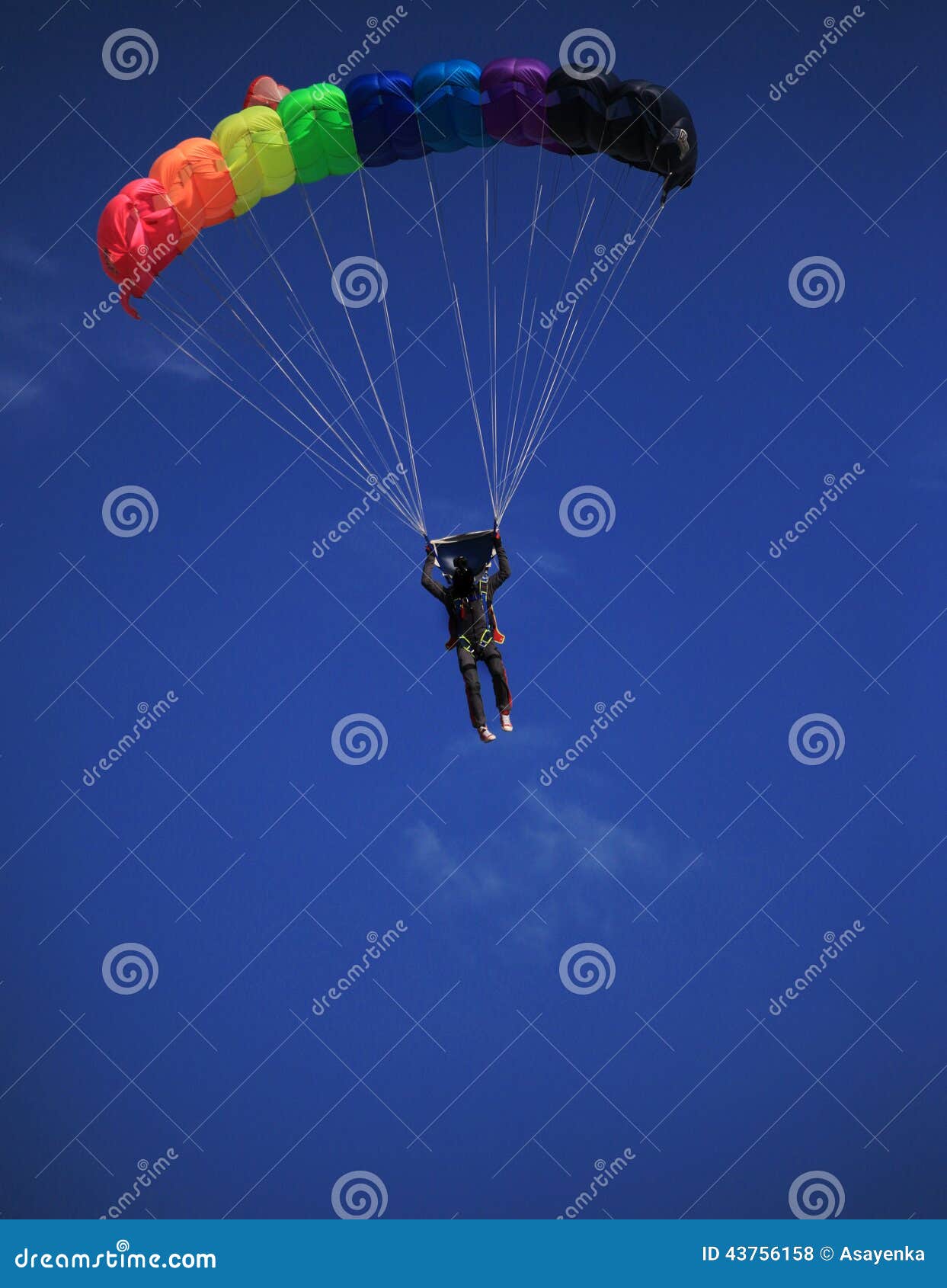 Single Parachute Jumper Against Blue Sky Background Stock Photo Image