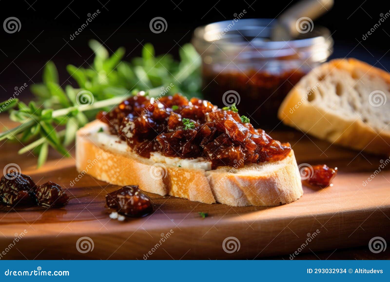 A Single Piece of Bruschetta with Goat Cheese and Fig Jam Stock Photo