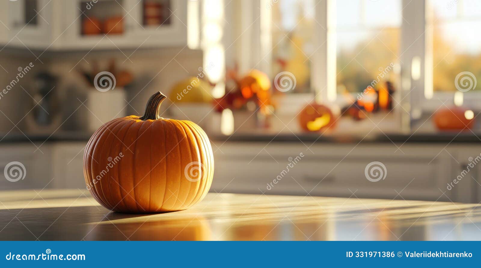 single pumpkin on a kitchen counter, highlighted by warm sunlight and festive autumn decor