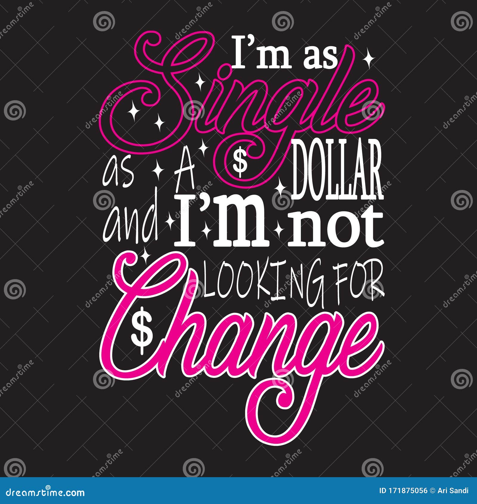 single quotes and slogan good for t-shirt. i m as single as a dollar and i m not looking for change