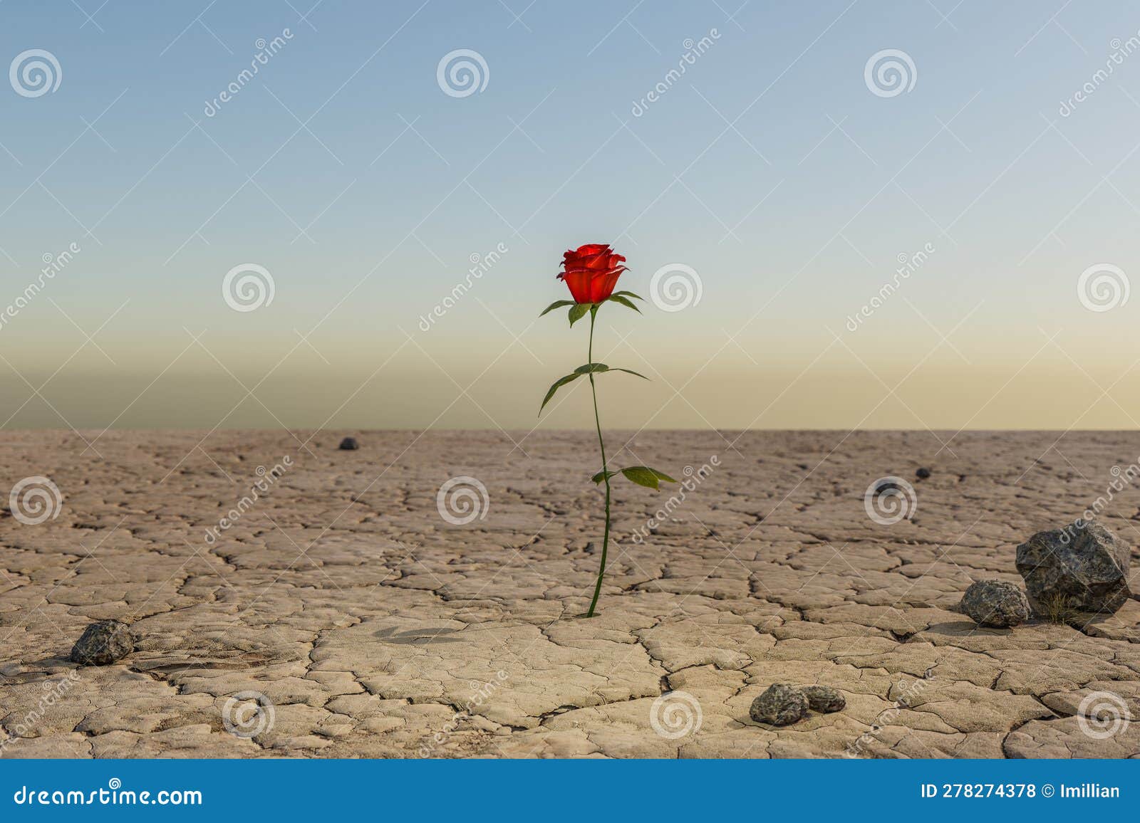 Single Rose Growing in Desert Environment Arid Dry Concept 3D