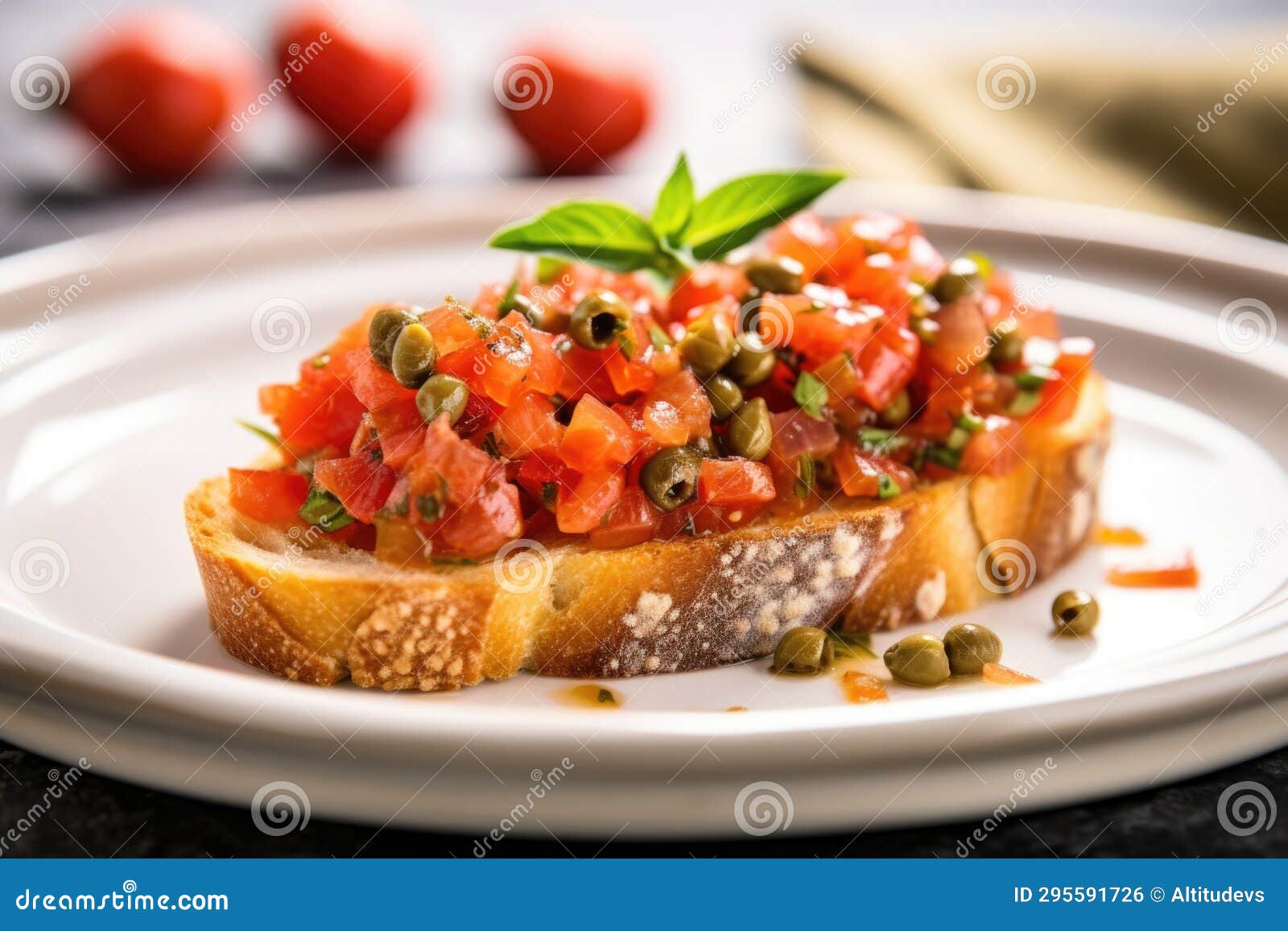 A Single Serving of Bruschetta with Capers on a Square Plate Stock