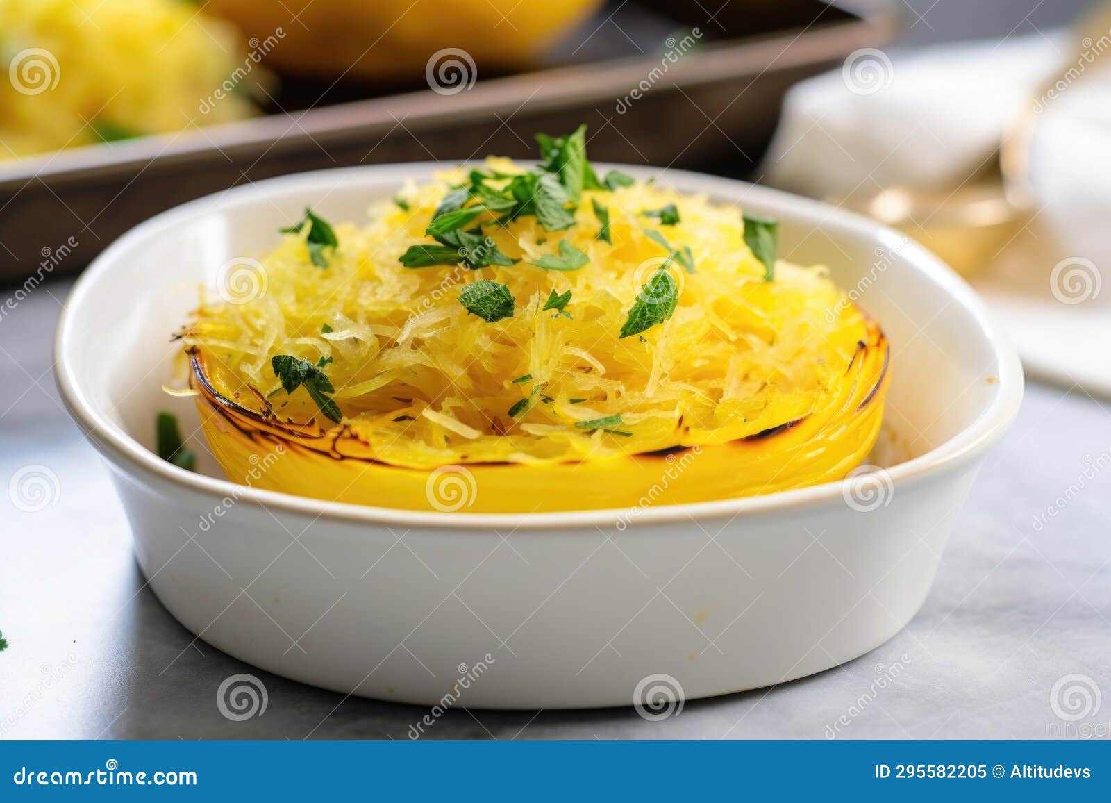 A Single Serving of Roasted Spaghetti Squash in a Baking Dish Stock
