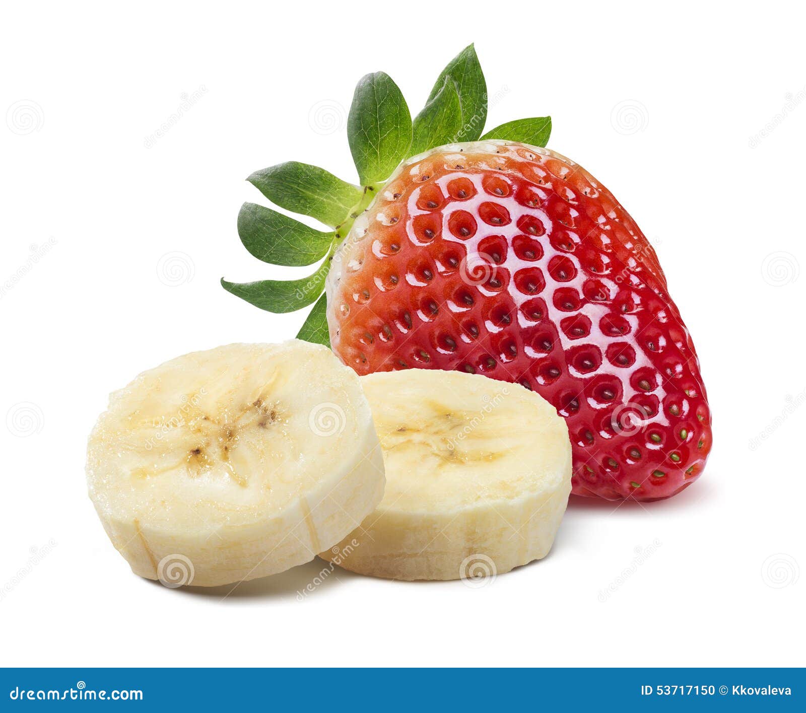Single Strawberry and Banana Pieces on White Background Stock Photo