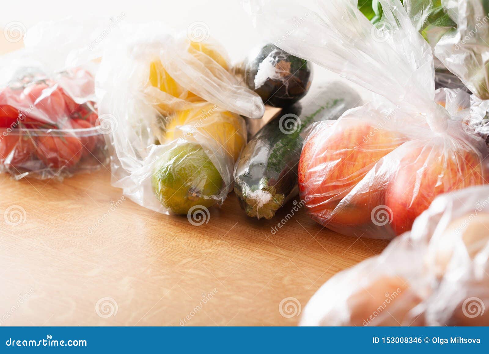 Single Use Plastic Waste Issue. Fruits and Vegetables in Plastic Bags