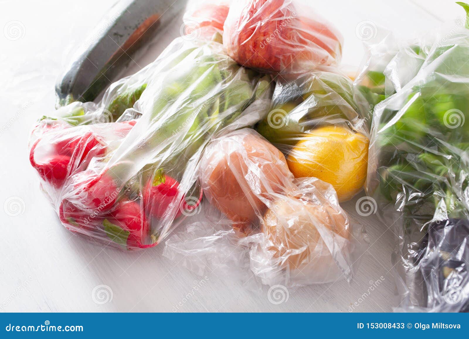Single Use Plastic Waste Issue. Fruits and Vegetables in Plastic Bags